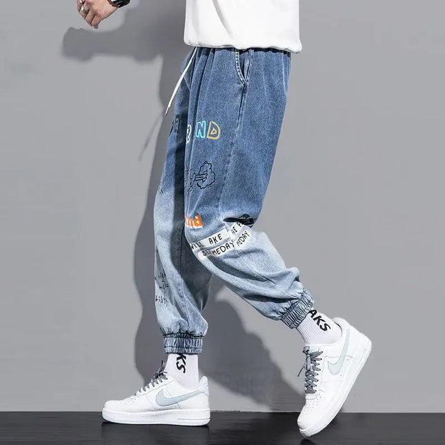Men's Distressed Denim Pants Cuffed, Artistic Gradient Harem Jeans, Oversized Hip Hop Trousers for Spring Fall Versatile Outfits PlatiNum