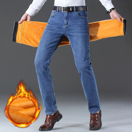 Winter Fleece Warm Straight Stretch Thermal Warm Flannel Work Denim Trousers Male Brand Clothing Men's Business Fashion Jeans