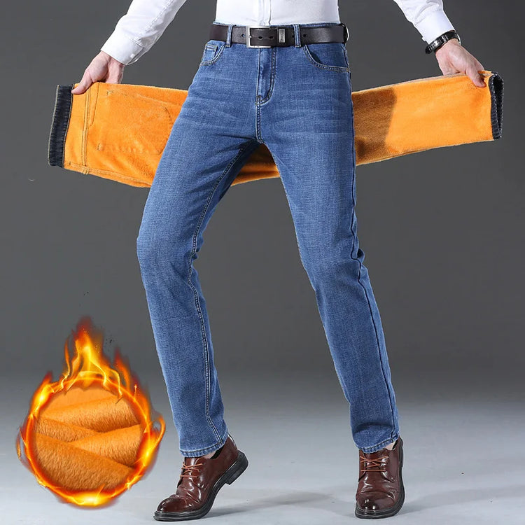 Winter Fleece Warm Straight Stretch Thermal Warm Flannel Work Denim Trousers Male Brand Clothing Men's Business Fashion Jeans