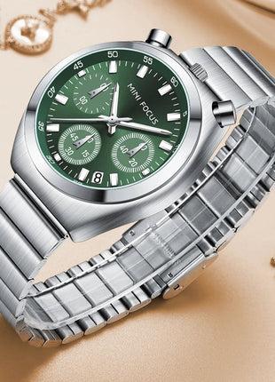 MINI FOCUS Orologio al quarzo verde argento per donna Orologio da polso cronografo con cinturino in acciaio inossidabile moda con lancette luminose Data 0491 platinumshop