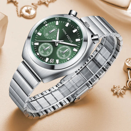MINI FOCUS Orologio al quarzo verde argento per donna Orologio da polso cronografo con cinturino in acciaio inossidabile moda con lancette luminose Data 0491 platinumshop