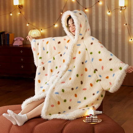 New Cute Blanket Hooded Cloak Coral Velvet Pajamas Women's Autumn Winter Thickened Robe Blanket Multifunctional Thermal Products