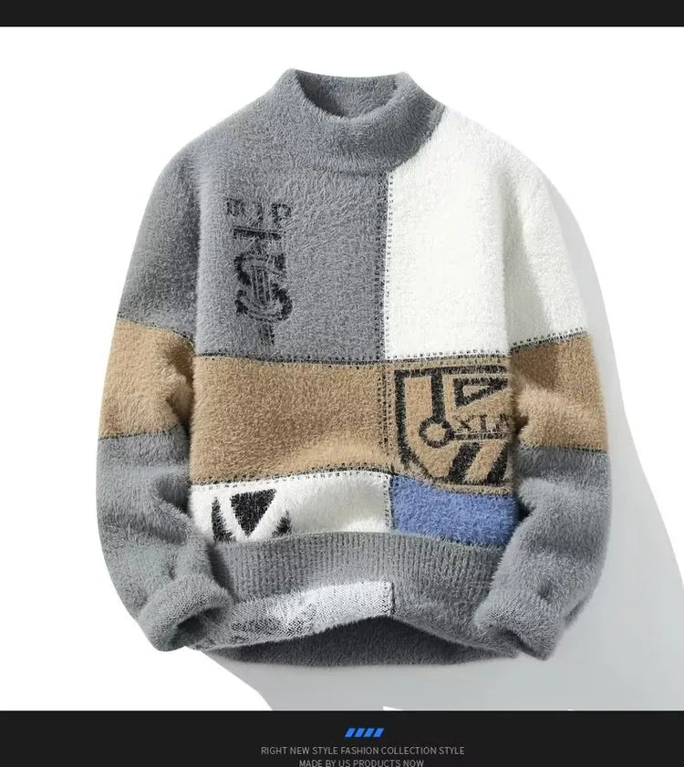 2024 New Men's Plush Sweater Pullovers Korean Winter Warm O Neck Black Sweater High Quality Cool Top Fashionable Men's Clothing