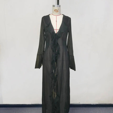 Sexy scollo a V increspato manica lunga Nero Bianco Nuova tunica in chiffon Beach Cover Up Cover-up Abito Protezione solare Beachwear Abbigliamento donna platinumshop
