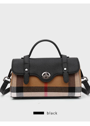 Borsa Mini Boston a Righe e Quadri in Tessuto con Finiture in Ecopelle, Chiusura a Giro e Torsione, Design con Patta, Borsa a Mano da Donna, a Tracolla, Portamonete