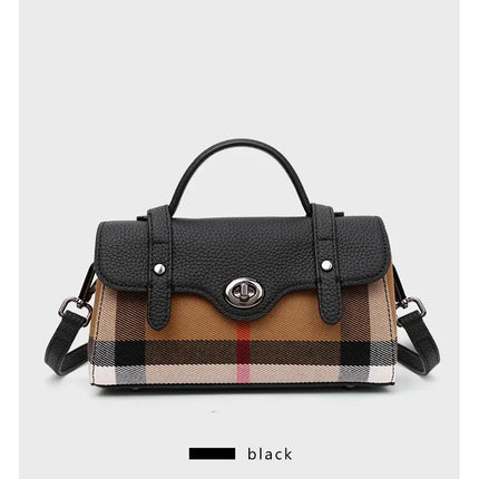Borsa Mini Boston a Righe e Quadri in Tessuto con Finiture in Ecopelle, Chiusura a Giro e Torsione, Design con Patta, Borsa a Mano da Donna, a Tracolla, Portamonete