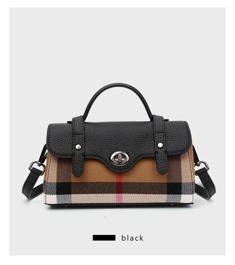 Borsa Mini Boston a Righe e Quadri in Tessuto con Finiture in Ecopelle, Chiusura a Giro e Torsione, Design con Patta, Borsa a Mano da Donna, a Tracolla, Portamonete