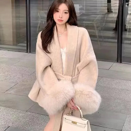 Coats for Women Autumn Winter New Elegant Long Sleeves V Neck Lace Up Woolen Coat Korean Fashion Casual Loose Street Trends Coat