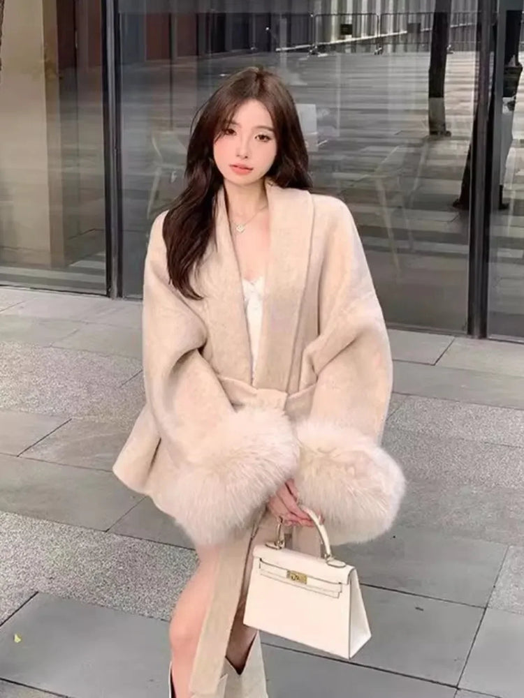 Coats for Women Autumn Winter New Elegant Long Sleeves V Neck Lace Up Woolen Coat Korean Fashion Casual Loose Street Trends Coat