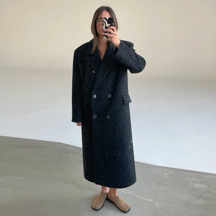 Elegant Women's Woolen Overcoat Solid Lapel Double Breasted Full Sleeve Long Coat 2026 Autumn Winter Fashion Lady Outwear