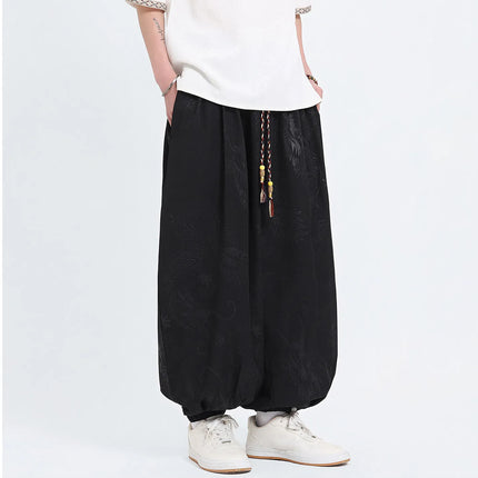 Pantaloni Estivi da Uomo Stile Cinese in Seta Ghiaccio con Motivo Drago Ukiyo-e, Comodi e Trendy, Pantaloni Casual Oversize da Uomo