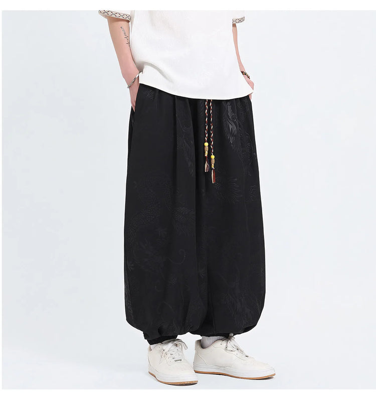 Pantaloni Estivi da Uomo Stile Cinese in Seta Ghiaccio con Motivo Drago Ukiyo-e, Comodi e Trendy, Pantaloni Casual Oversize da Uomo