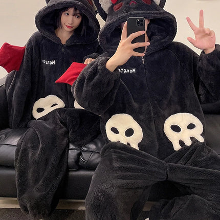DAIMELU hooded male pajamas set men's cartoon winter thickened coral fleece flannel boy one-piece loungewear suit sleepwear