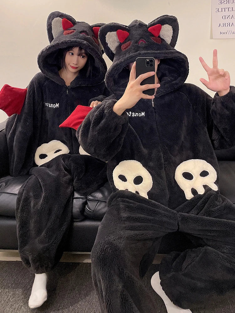 DAIMELU hooded male pajamas set men's cartoon winter thickened coral fleece flannel boy one-piece loungewear suit sleepwear