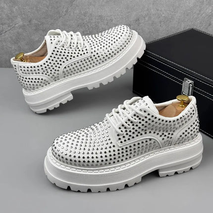 Luxury Designer Rivets Men Leather Casual Shoes Fashion Breathable Height Increasing Male Brogue Derby Shoes Zapatillas Hombre