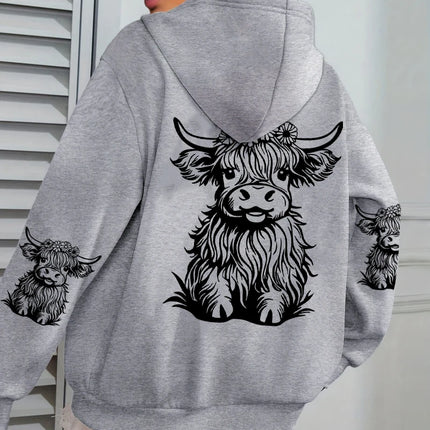Cute Hair Cow Cartoon Printing Hoodies Womens Fleece Autumn Streetwear Comfortable Casual Hoodie Y2K Pocket All-Match Hoody