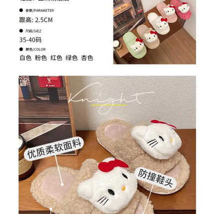 Sanrio Hello Kitty Women's 3D Cartoon Fluffy Teddy Fleece Open Toe Slippers Soft Non-Slip Sole Comfy Indoor Bedroom House Slides