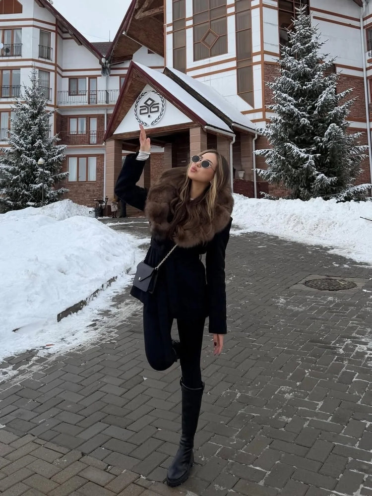 Brown Faux Fur Collar Wool Blend Belted Coats Elegant Wrap V Neck Long Sleeve Lace Up Jackets 2026 Lady Winter Autumn Outwear