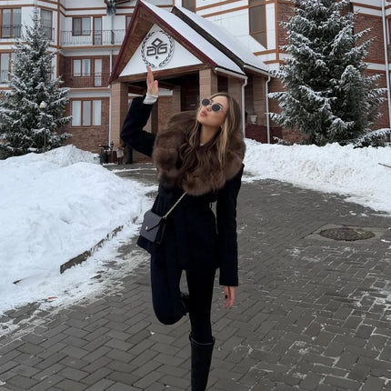 Women Wool Blend Coat Big Faux Fur Collar And Cuffs Belted Waist Wrap Loose Winter Jacket Thick Warm Elegant Lady Outerwears