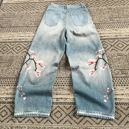 Jeans Oversize Y2K con Stampa Geometrica e Fiori di Ciliegio, Stile Harajuku, Pantaloni Larghi Casual da Donna