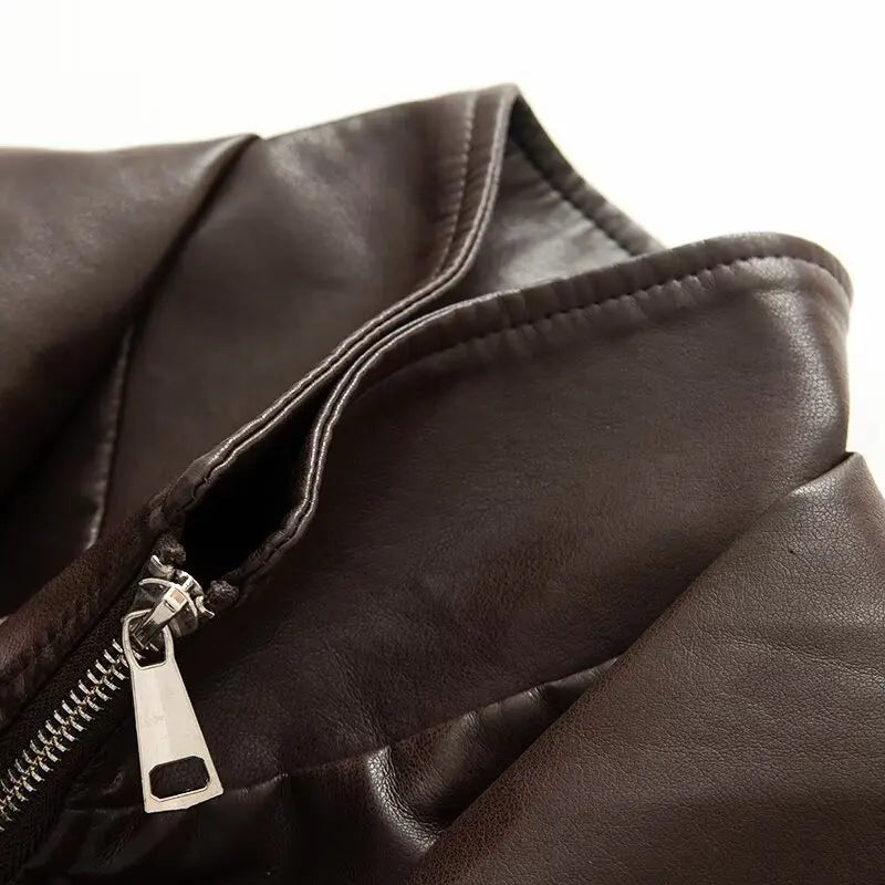 Vintage Elastic Waist Cinching Brwon Leather Jacket Women Casual Lapel Zipper Pu Coat Lady Autumn Outdoors Highstreet Outwear