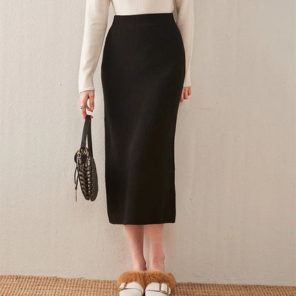 100% pure wool skirt new women's autumn and winter mid-length high-waisted thin cashmere skirt knitted all-match hip skirt PlatiNum