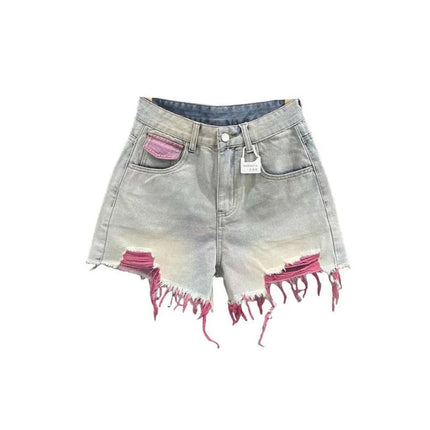 Pantaloncini di jeans con foro rosa stile coreano Donna Estate Nuova vita alta Bordo grezzo A-line Pantaloncini per ragazze calde Pantaloni caldi sottili di nicchia di moda