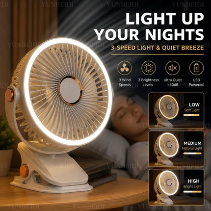 Ventilatore Portatile con Clip e Luci LED, 3 Velocità Regolabili, Silenzioso, da Scrivania, per Casa, Camera da Letto e Campeggio