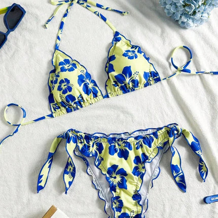Nuovo Set Bikini Donna Estivo con Stampa Floreale Arancione, Halter con Volant, Push-Up e Perizoma con Laccetti Laterali PlatiNum