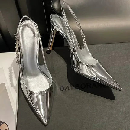 Shiny High Heels Slingback Silver Women Pumps Metallic Crystal Sandals Pointy Toe Stiletto Heeled Shoes Party Dress Shoes Woman PlatiNum