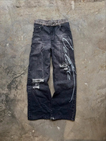 Jeans con orlo a stampa leopardata, stile casual americano anni 2000, a vita alta, gamba dritta e larga, abbigliamento femminile retrò Harajuku