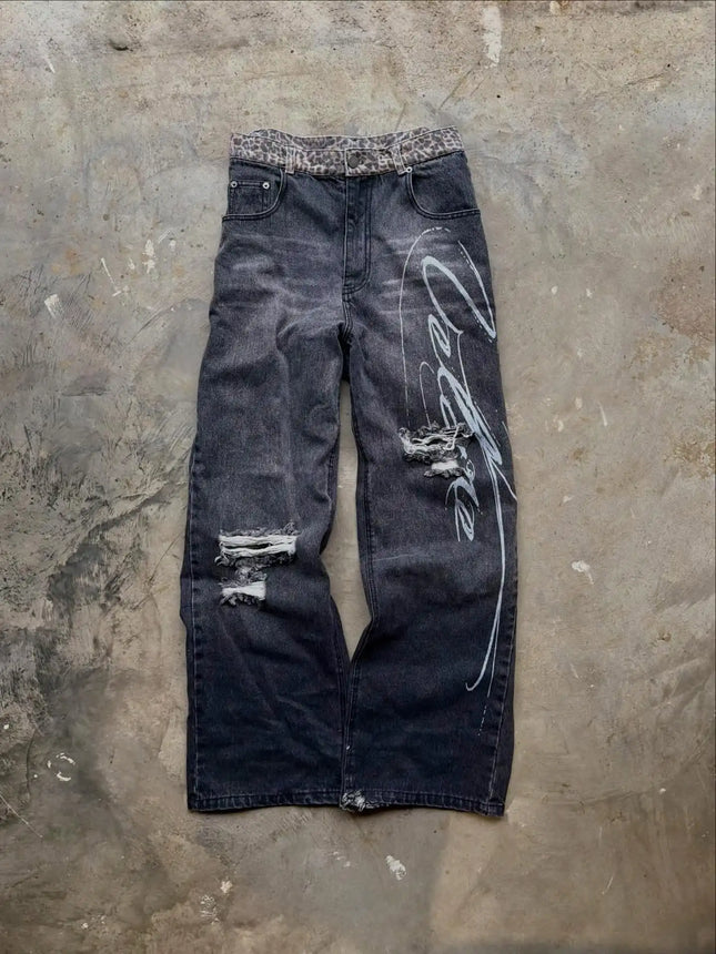 Jeans con orlo a stampa leopardata, stile casual americano anni 2000, a vita alta, gamba dritta e larga, abbigliamento femminile retrò Harajuku