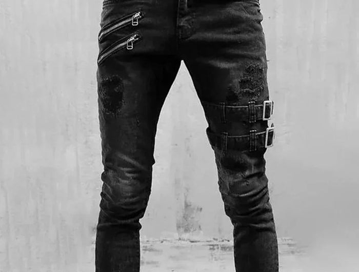 Zipper Decoration Slim Fit Biker Jeans Men Cotton Stretchy Ripped Skinny Jeans High Quality Hip Hop Black Oversize Denim Pants PlatiNum