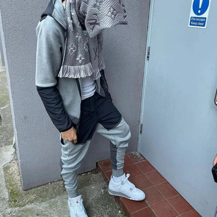 Spring and Autumn New Men's Set Western Style Outdoor Sports Casual Men's Clothing Long Sleeve Hooded Jacket Pants Suit PlatiNum