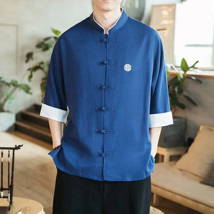 Camicia stile cinese da uomo Tang Suit Lino Kung Fu Cardigan maschile allentato Top Ricamo retrò Camicie kimono samurai giapponesi Streetwear
