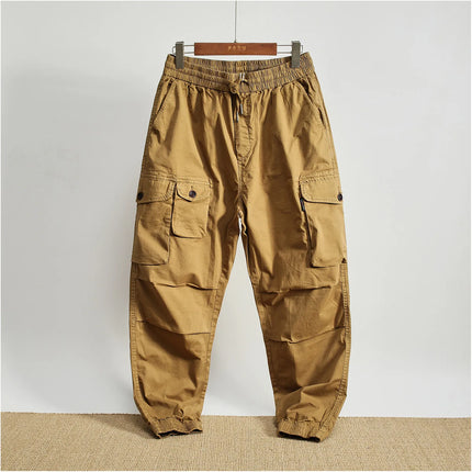 Men Elastic Drawstring Waist Jogger Cargo Pants Multi Button Pockets Vintage Washed Tapered Ankle Cuff Casual Street Trousers