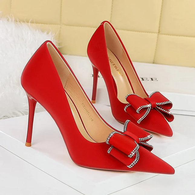 BIGTREE New Fashion Women Dress Shoes 10cm High Heels Shallow Toe Crystal Butterfly Knots Lady Red Silk Shoes Size 34-40