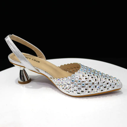 Venus Chan Pointed Toe Heels for Women 2023 Elegant Party Wine Color Full Diamond Pumps Italian Shoes and Bags Matching Set PlatiNum