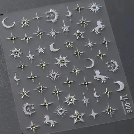 Punk Glitter Powder Blue Pink Star Charm Laser Silver Gold Starlight Rhinestones Moon DIY Nail Art Stickers Manicure Tool Decals