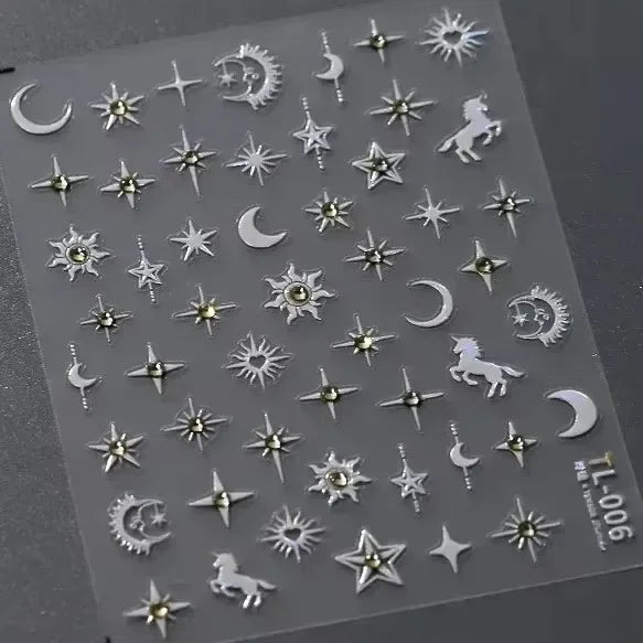 Punk Glitter Powder Blue Pink Star Charm Laser Silver Gold Starlight Rhinestones Moon DIY Nail Art Stickers Manicure Tool Decals