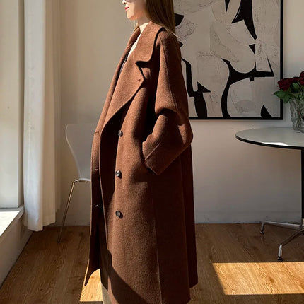 Korean Fashion Dark Gray Stand Collar 100%Wool Coat Women Long Winter Jacket