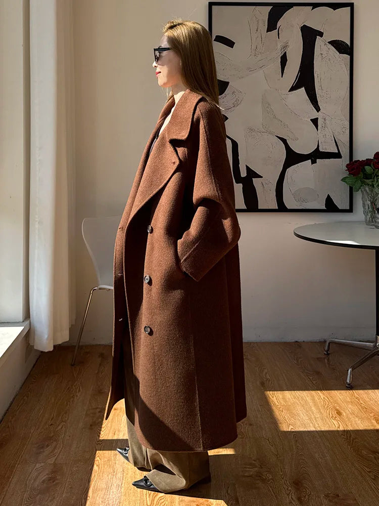 Korean Fashion Dark Gray Stand Collar 100%Wool Coat Women Long Winter Jacket