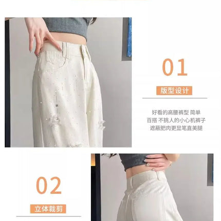 Jeans bianchi traspiranti a gamba larga da donna Pantaloni strappati per pantaloni estivi a vita alta con diamanti