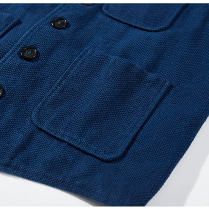 Vintage Lapel Waistcoat Men Autumn Winter New Kendo Fabric Multi-pocket Indigo Jacket Suit Vest Handmade Blue Dyed Cardigan Coat
