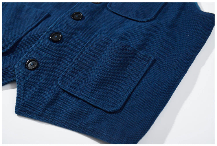 Vintage Lapel Waistcoat Men Autumn Winter New Kendo Fabric Multi-pocket Indigo Jacket Suit Vest Handmade Blue Dyed Cardigan Coat