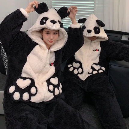 Winter Animal Onesies for Adults Homewear Flannel Sleepwear Couples Jumpsuit Winter Coral Velvet Pajamas Women Mens Loungewear