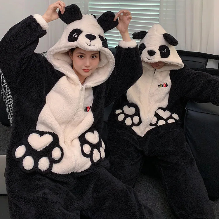 Winter Animal Onesies for Adults Homewear Flannel Sleepwear Couples Jumpsuit Winter Coral Velvet Pajamas Women Mens Loungewear