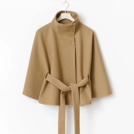 Women Lace Up High Neck Jackets for Women with Belt Elegant Windbreaker Faux Wool Blends Cape Korean Solid Windbreaker Cloak