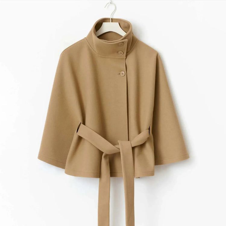 Women Lace Up High Neck Jackets for Women with Belt Elegant Windbreaker Faux Wool Blends Cape Korean Solid Windbreaker Cloak