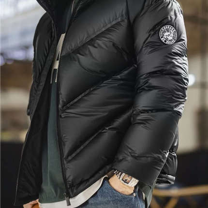 Maden Men's 90% White Duck Down Jacket Black Stand Collar Short Quilted Puffer Jacket Thermal Coat for Winter Streetwear